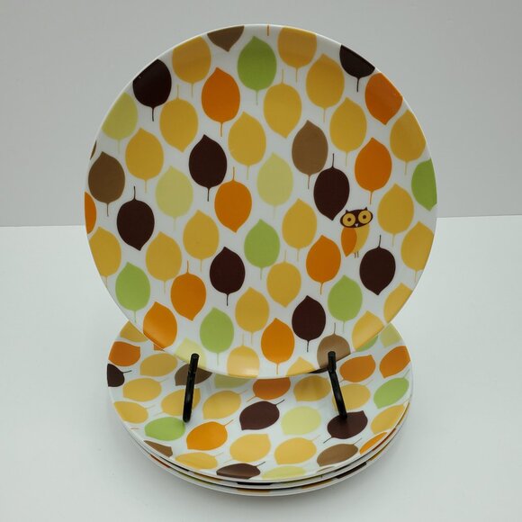 Rachael Ray Little Hoot Salad Plates Owl Autumn Leaves Dessert Plates - Picture 1 of 6